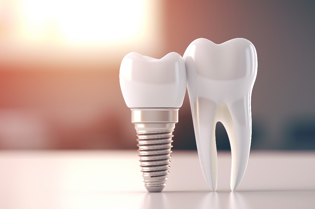 Zahnimplantat auf einer Schraube steht neben einem Zahn.